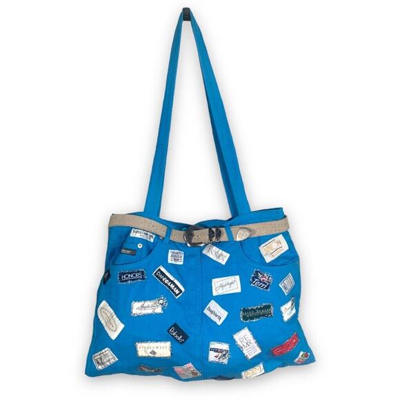 Upcycled Maxi Tote Bag Vintage Blue Jeans Logos Belt Detail OOAK Handmade Purse - Picture 15 of 15